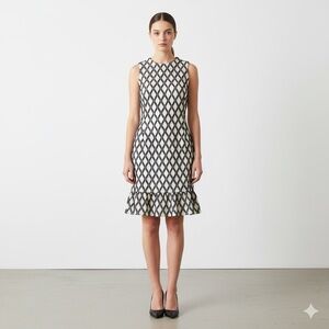 Sara Campbell white & navy blue lattice ruffle hem shift dress - 6 (Small)